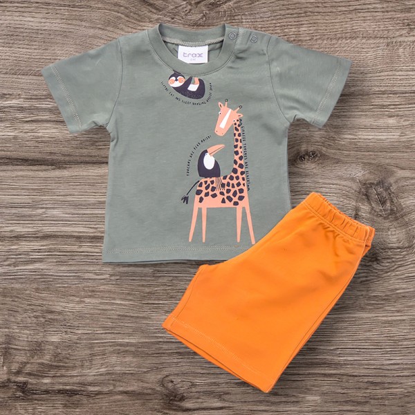 Σετ κοντό παντελονάκι - μπλούζα κοντομάνικη σχέδιο ζωάκια, γκρι ανθρακί - πορτοκαλί